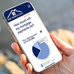 person holding a smart phone with DHI Mortgage website open to the Mortgage Calculator page