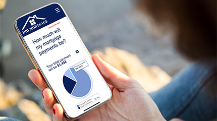 Person looking at their phone. DHIMortgage.com is open on their phone. It is the mortgage calculator page.