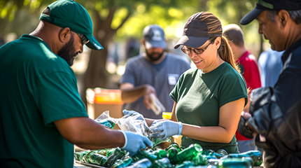 A group of volunteer employees help clean up the community.
