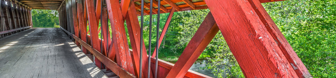 A red wooden bridge hangs over a lush stream.