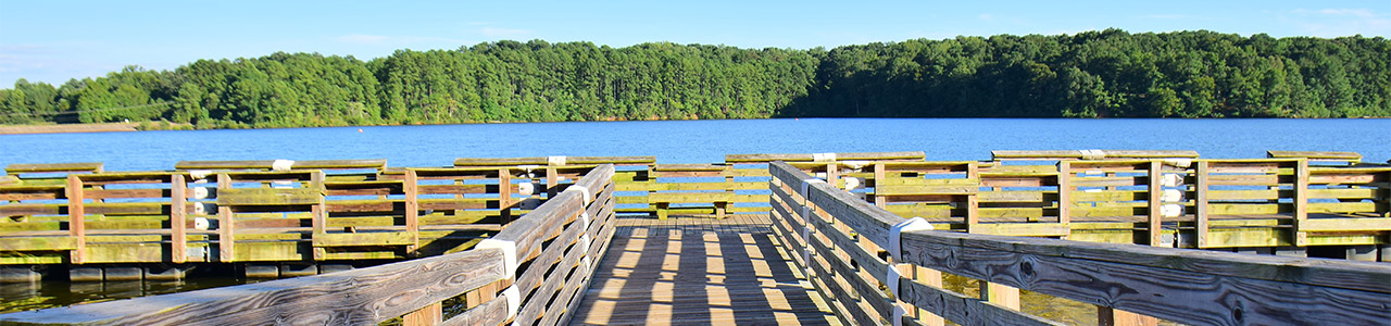The view looking out from a wooden dock towards a river. The forested shoreline can be seen across the river.