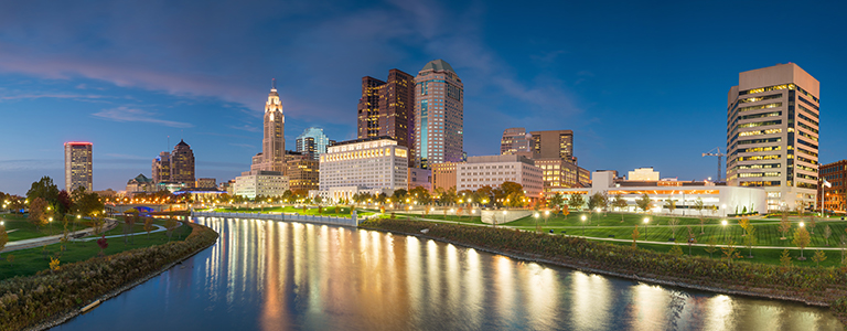 A nighttime view of downtown Columbus, Ohio.