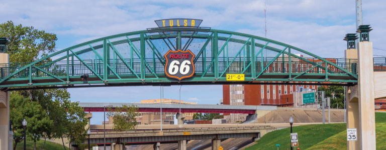 The historic Route 66 pedestrian bridge at as you enter Tulsa, Oklahoma.