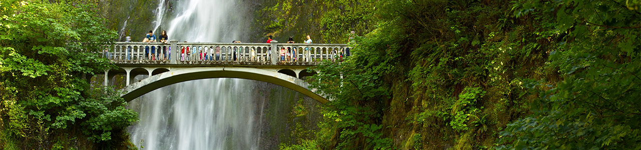 A pedestrian bridge with a waterfall behind it.