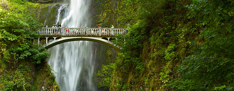 A pedestrian bridge with a waterfall behind it.