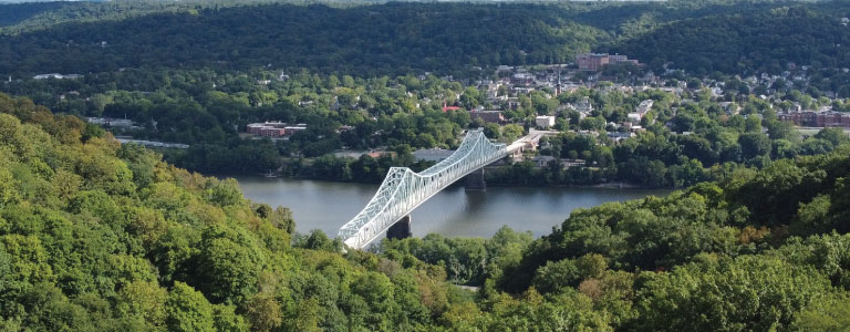 An aerial view of Sewickley Bridge spanning the Ohio River.