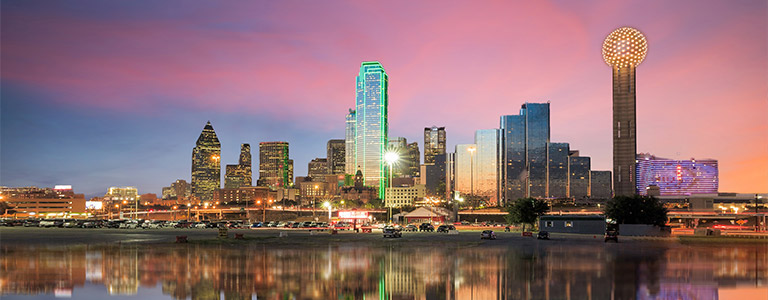 The Dallas skyline at night.