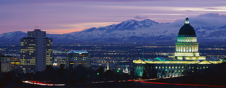 A nighttime skyline of Salt Lake City.