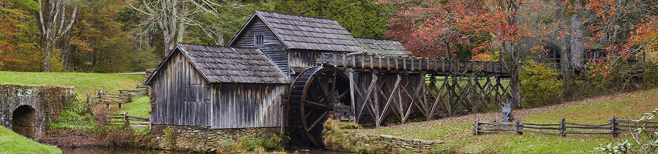 A watermill in the forested hills of Virginia.