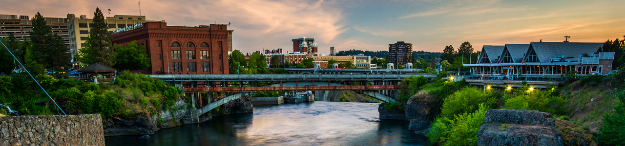 A view of the Spokane River at sunset.