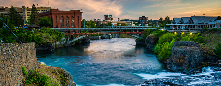 A view of the Spokane River at sunset.