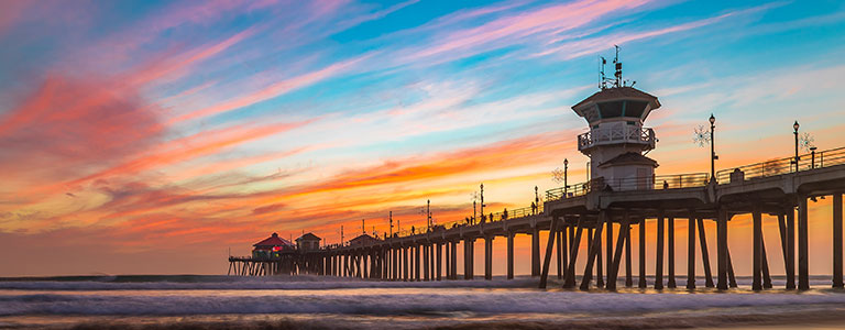 A view of a boardwalk on the California coast.