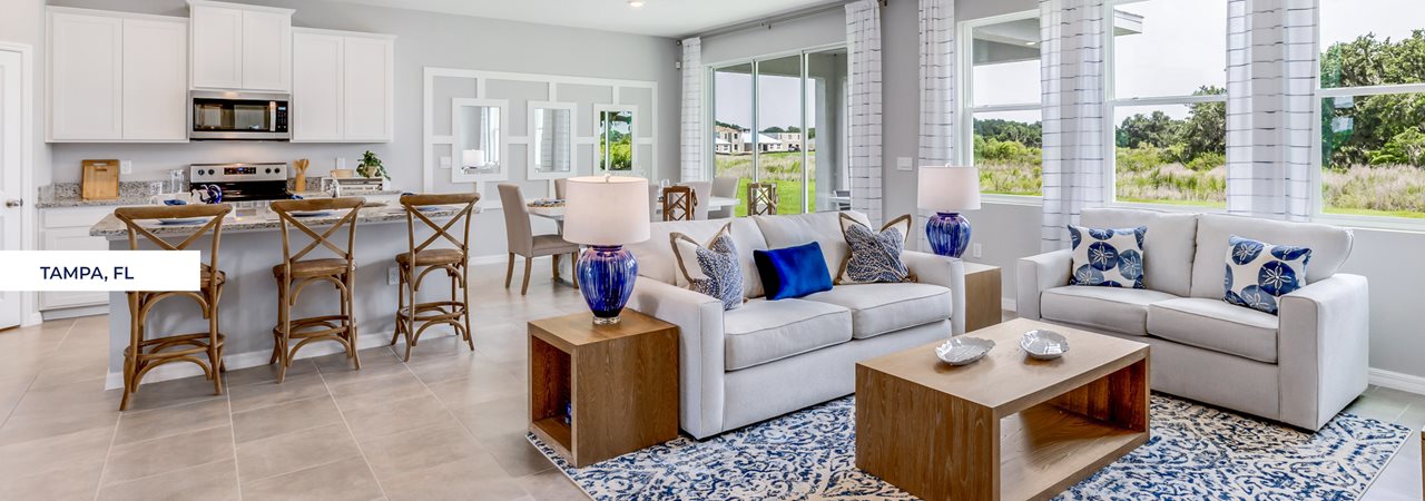 Modern open-concept home interior with spacious kitchen and living room in Tampa, Florida.