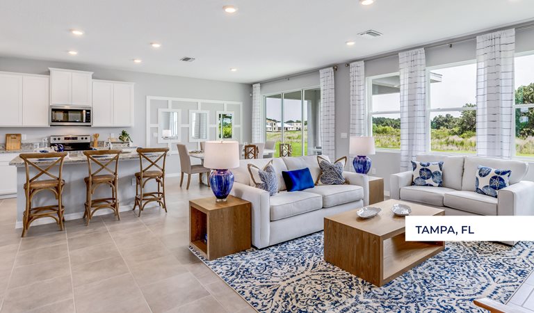 Modern open-concept home interior with spacious kitchen and living room in Tampa, Florida.